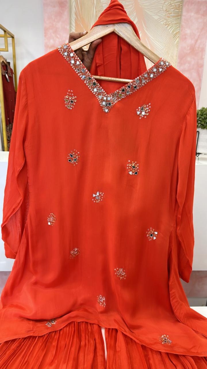 Real mirror party wear chinon sharara set