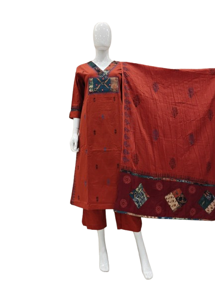 Pure cotton appliqué work in suit set red