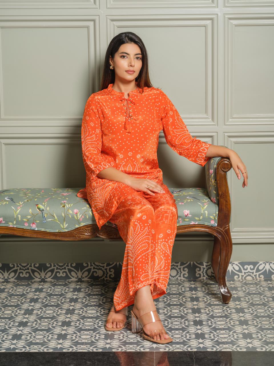 Natural crepe bandhani co ord in orange
