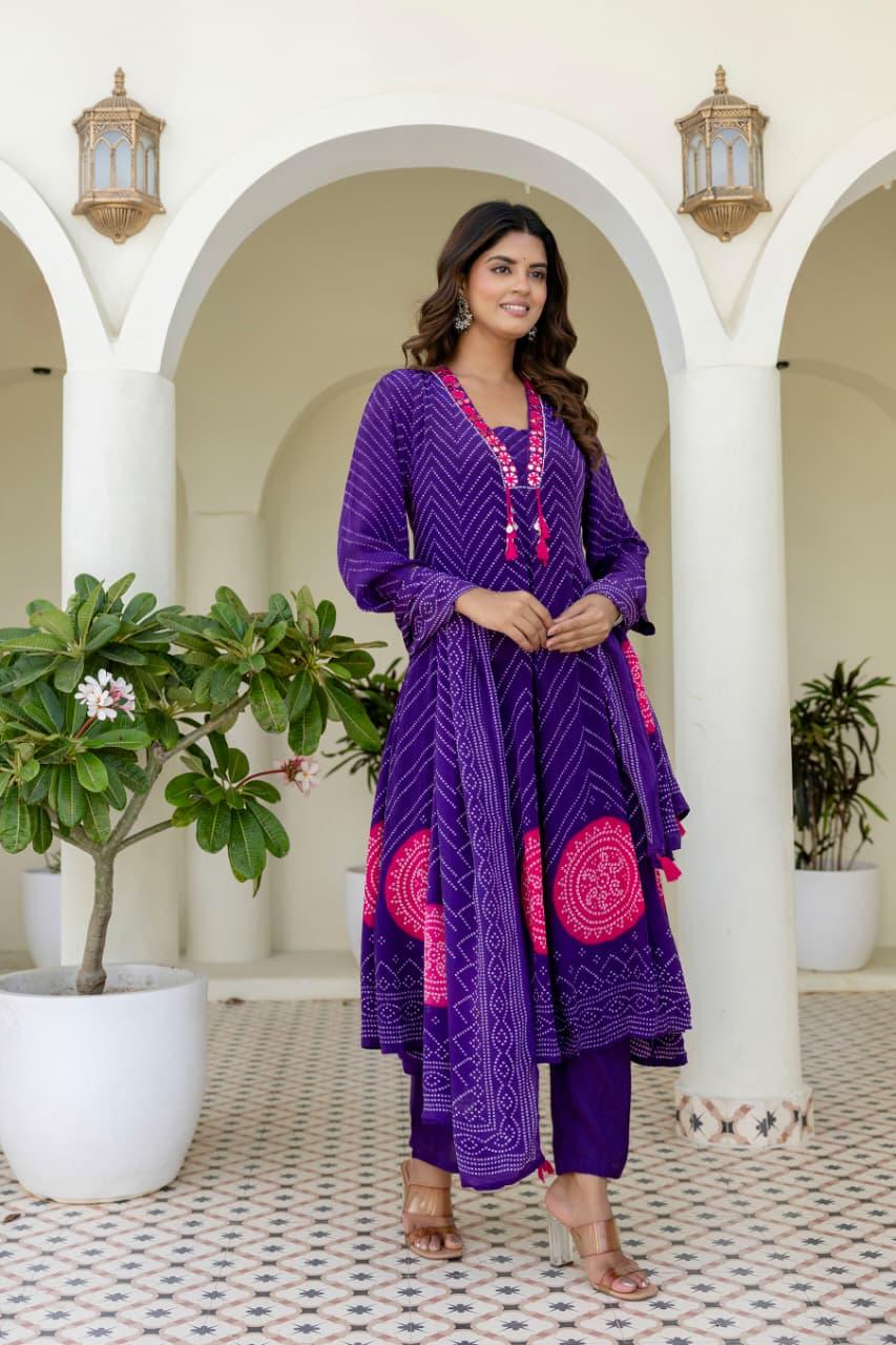 Pure natural crepe bandhani pink n purple Anarkali full suit set