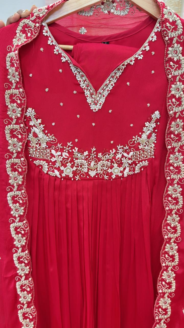 Pure chinon handwork suit set with Zari detailing