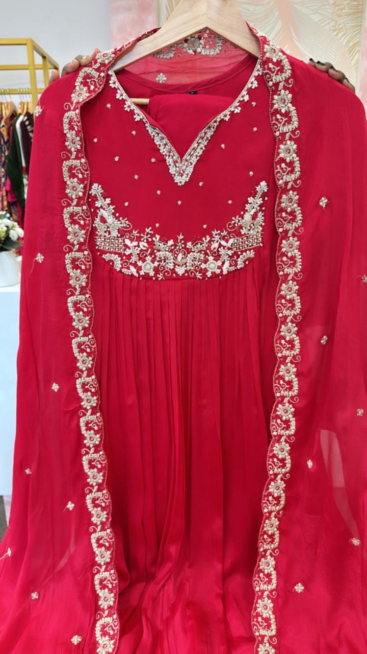 Pure chinon handwork suit set with Zari detailing