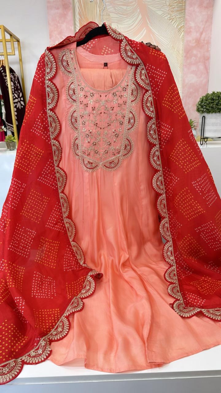 Pretty dola silk Anarkali paired with crepe dupatta
