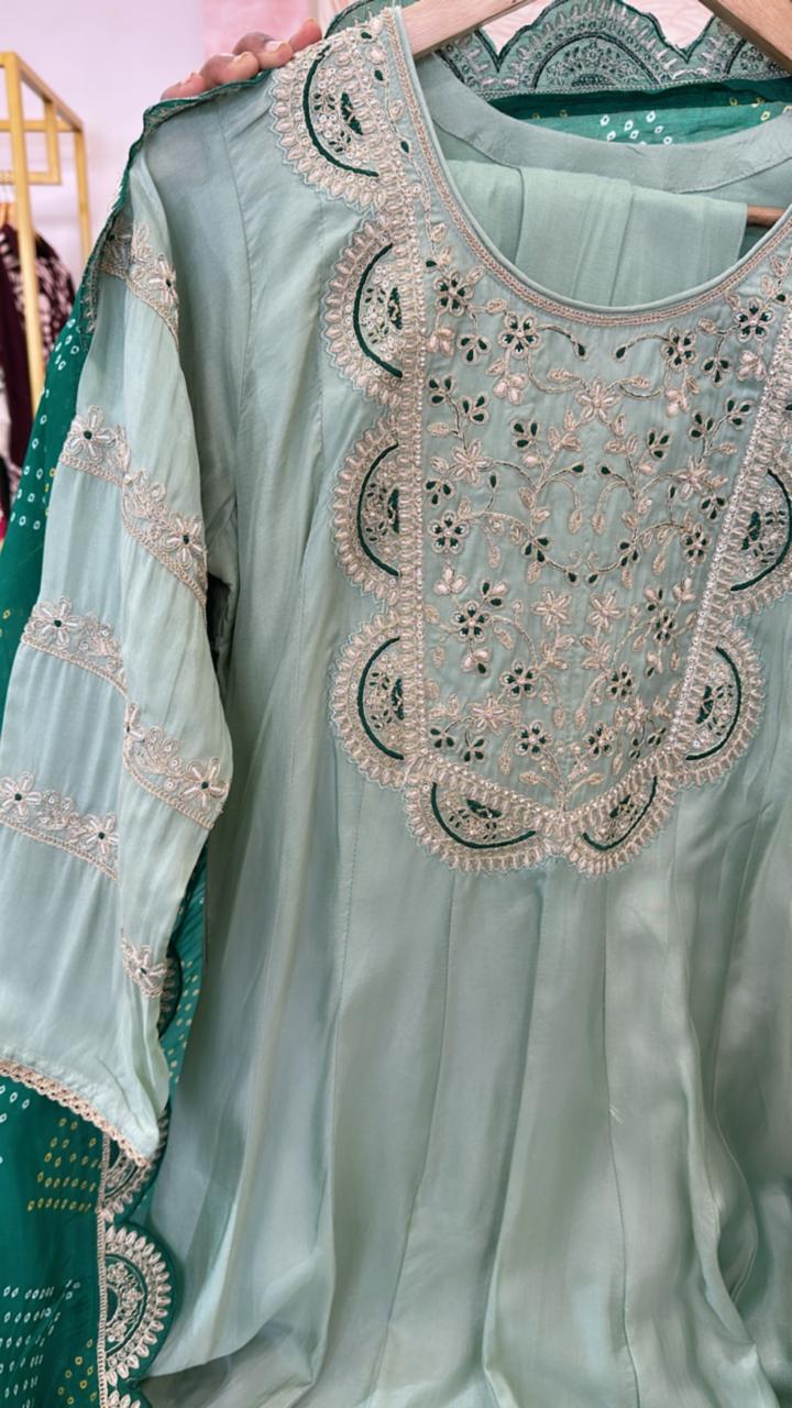 Pretty dola silk Anarkali paired with crepe dupatta in green