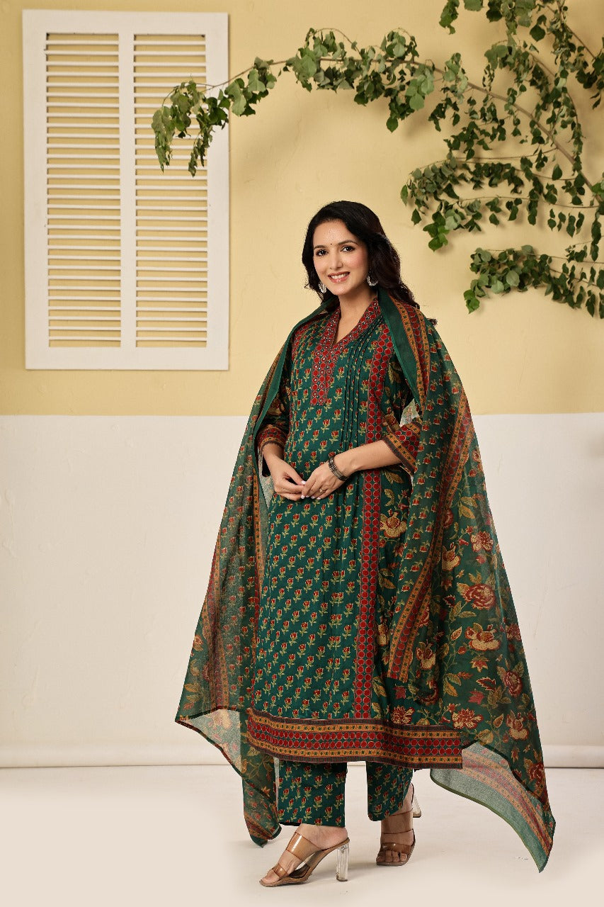 Pure cotton Kalamkari suit set in green