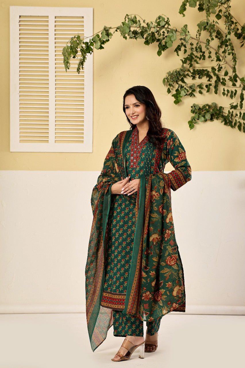 Pure cotton Kalamkari suit set in green