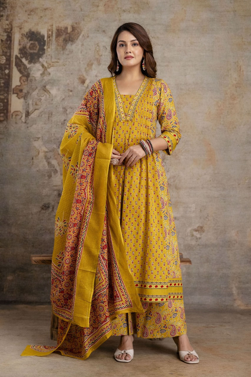 Pure cotton Kalamkari suit set in yellow