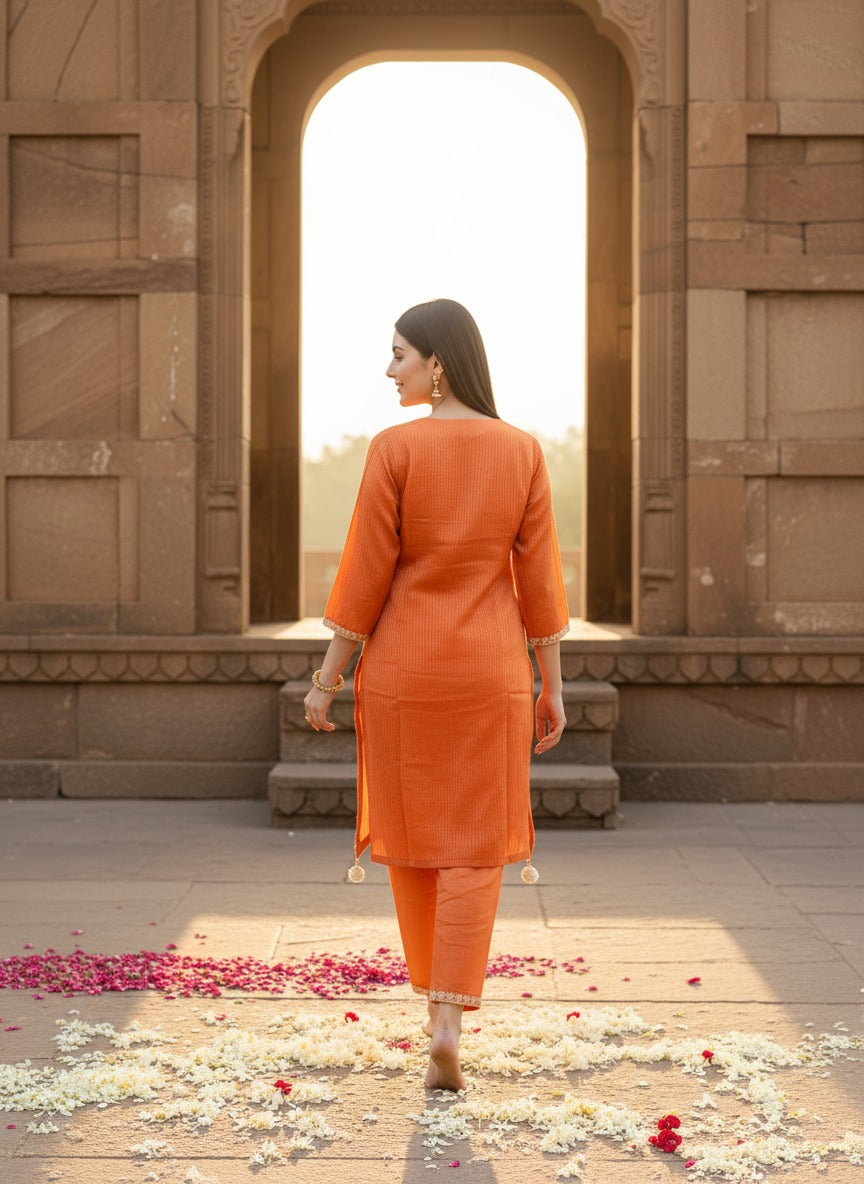 Pretty tissue orange kurta pant