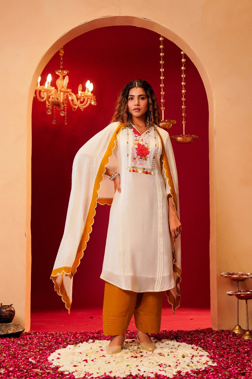 Pretty appliqué work Mul Chanderi suit set