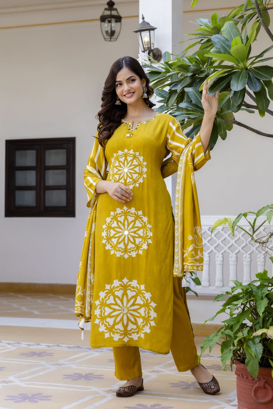 Pure crepe lining real mirror work suit set in yellow
