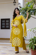 Pure crepe lining real mirror work suit set in yellow