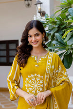 Pure crepe lining real mirror work suit set in yellow