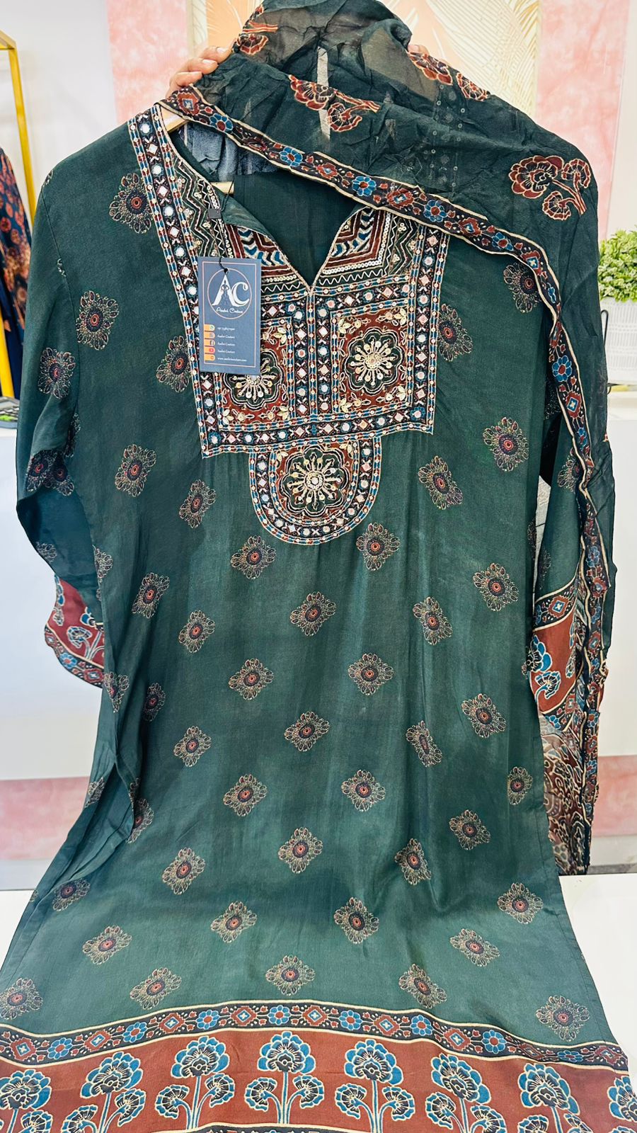 Pure crepe Ajrakh hand work suit set in green
