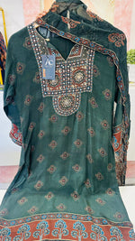Pure crepe Ajrakh hand work suit set in green
