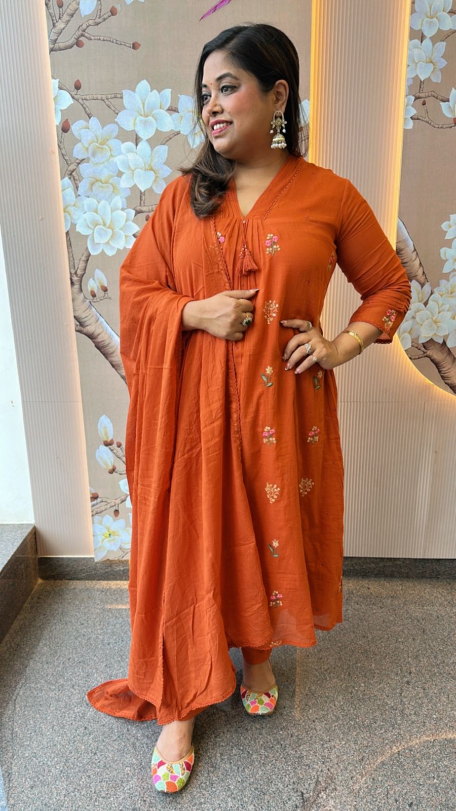 Pure Mul cotton embroidery suit set in orange