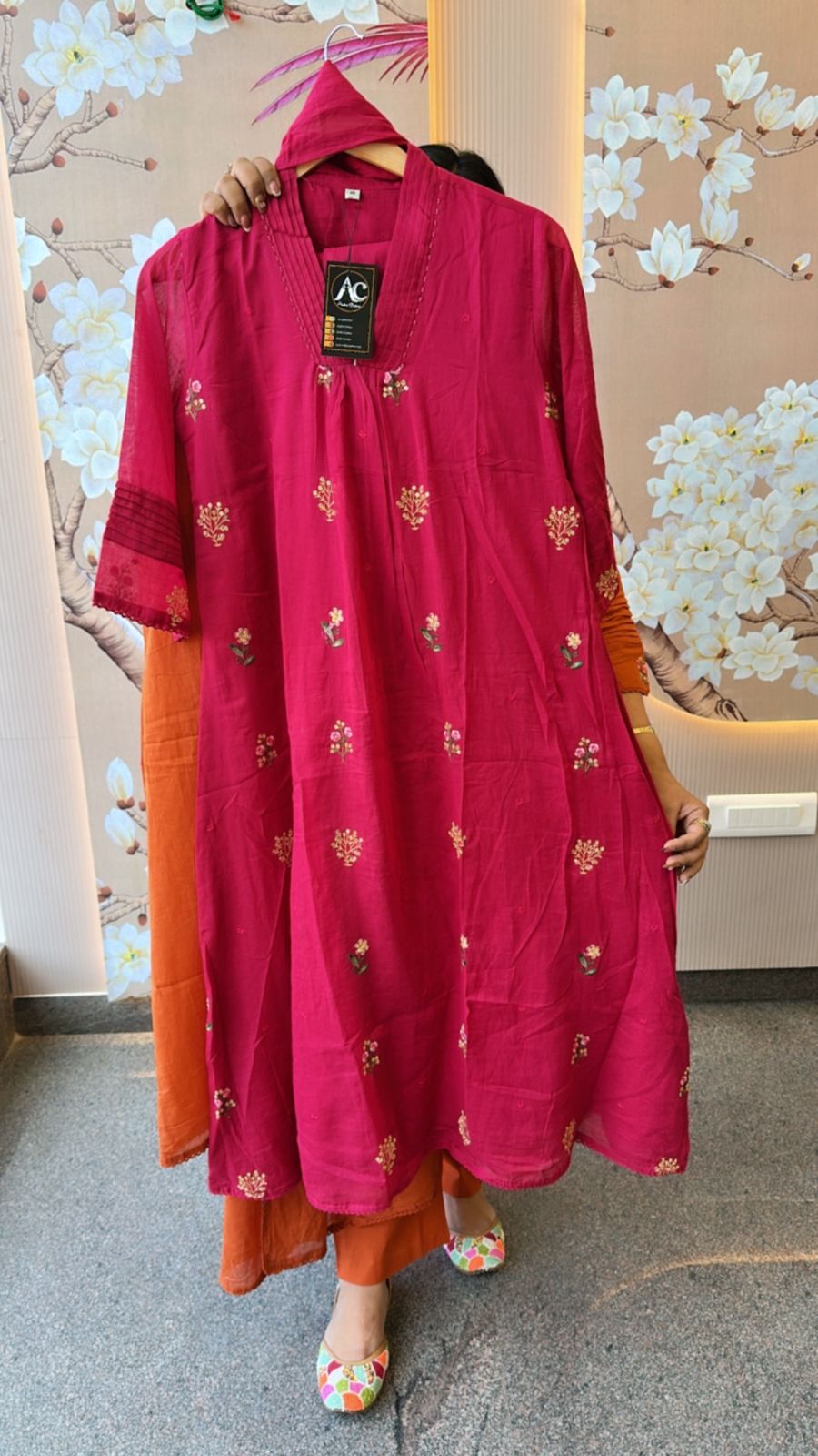 Pure Mul cotton embroidery suit set in pink