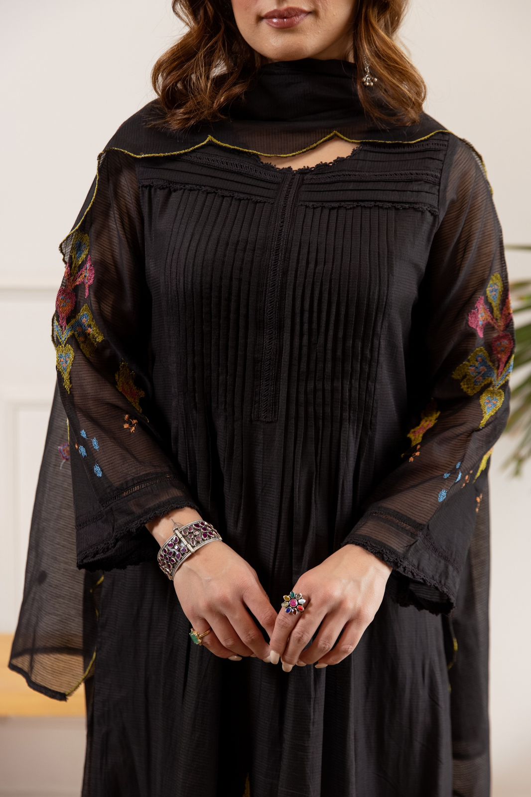 Black soft Chanderi silk embroidered suit set