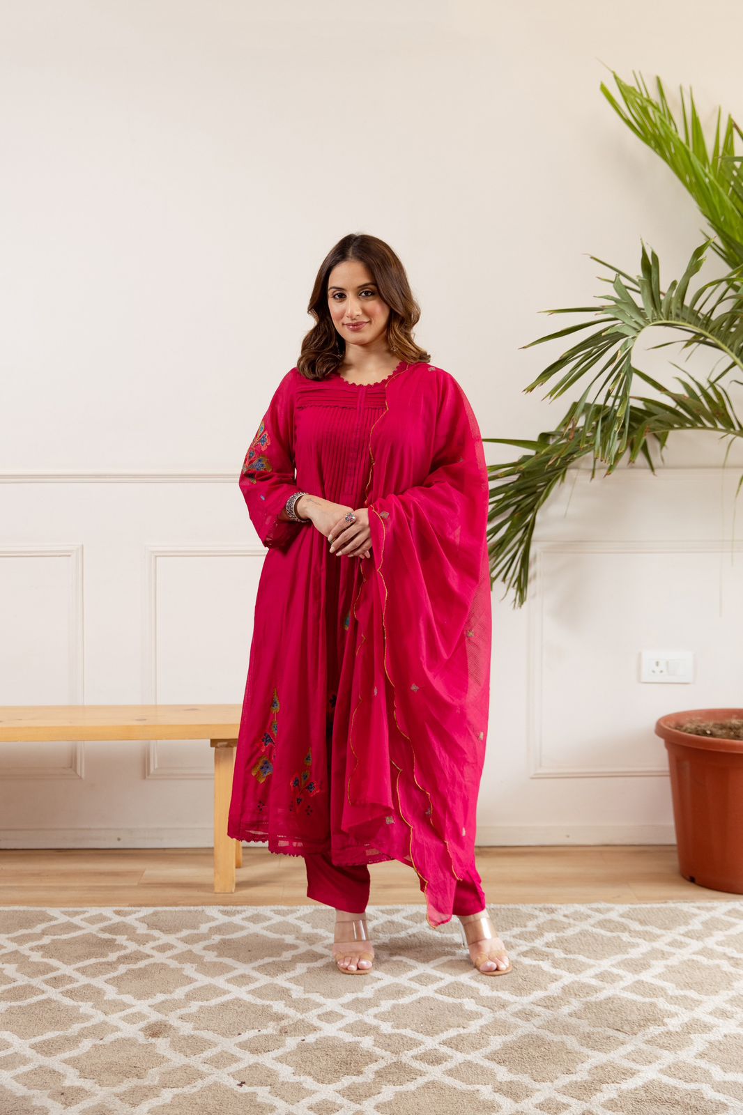 Soft Chanderi silk embroidered suit set