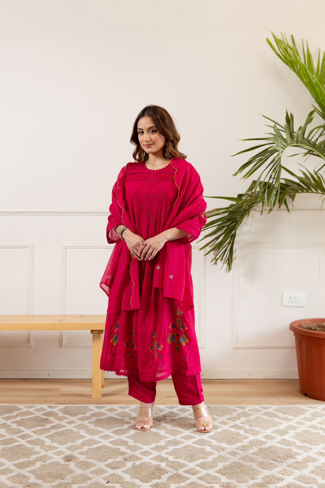 Soft Chanderi silk embroidered suit set