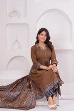 Pure cotton brown suit set paired with Kota doria dupatta