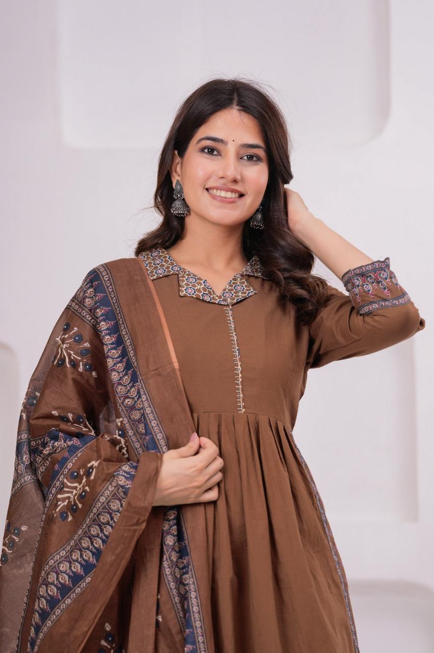 Pure cotton brown suit set paired with Kota doria dupatta