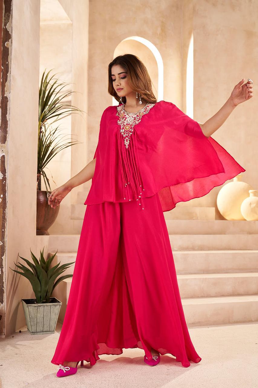 Heavy hand work chinon palazzo set in pink