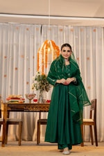 Pretty Russian silk Zari embroidered full suit set in green