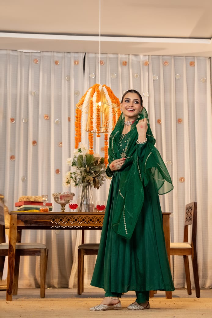 Pretty Russian silk Zari embroidered full suit set in green