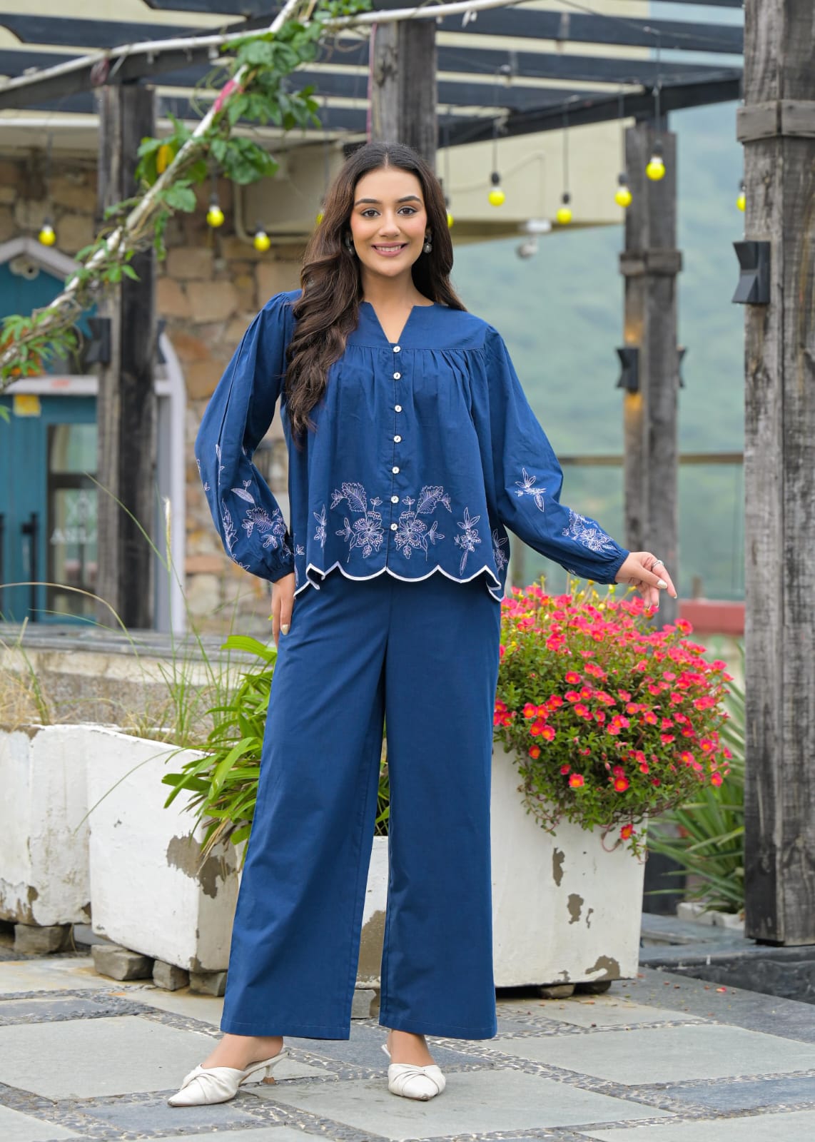 Super smart embroidered cotton co ord in blue
