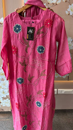 Pure Mul Chanderi hand embroidery full suit in pink
