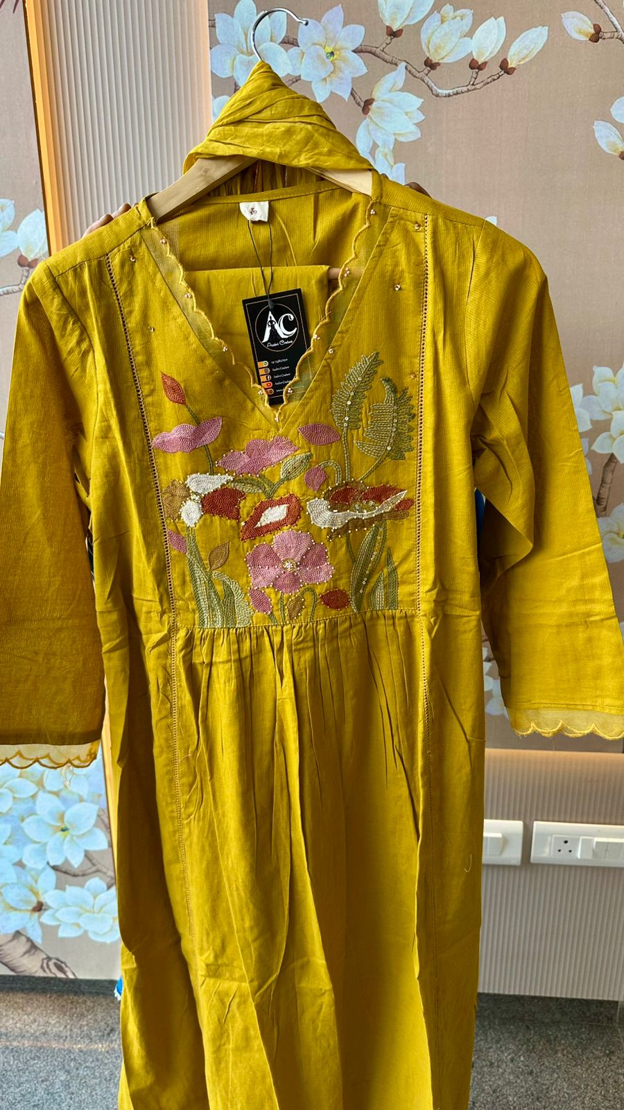Pure embroidered cotton suit setin yellow