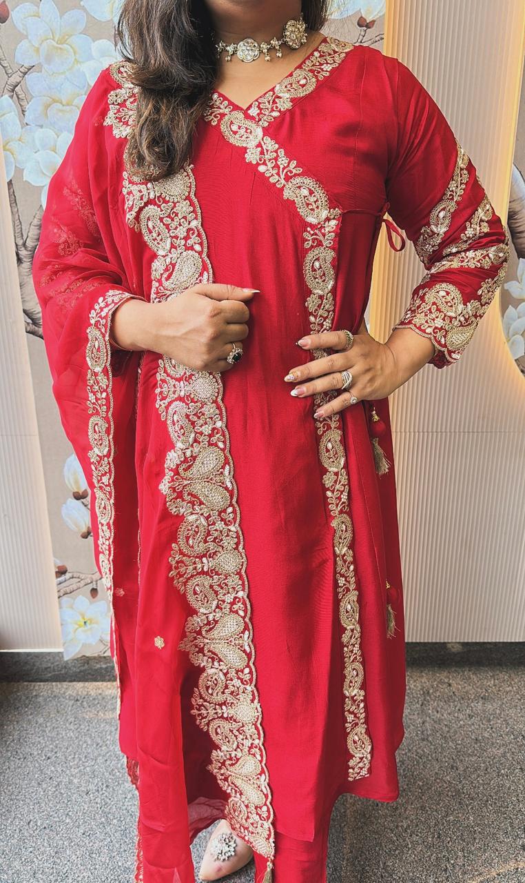 Best selling! Wow Zari embroidery silk suit in red (margin available)