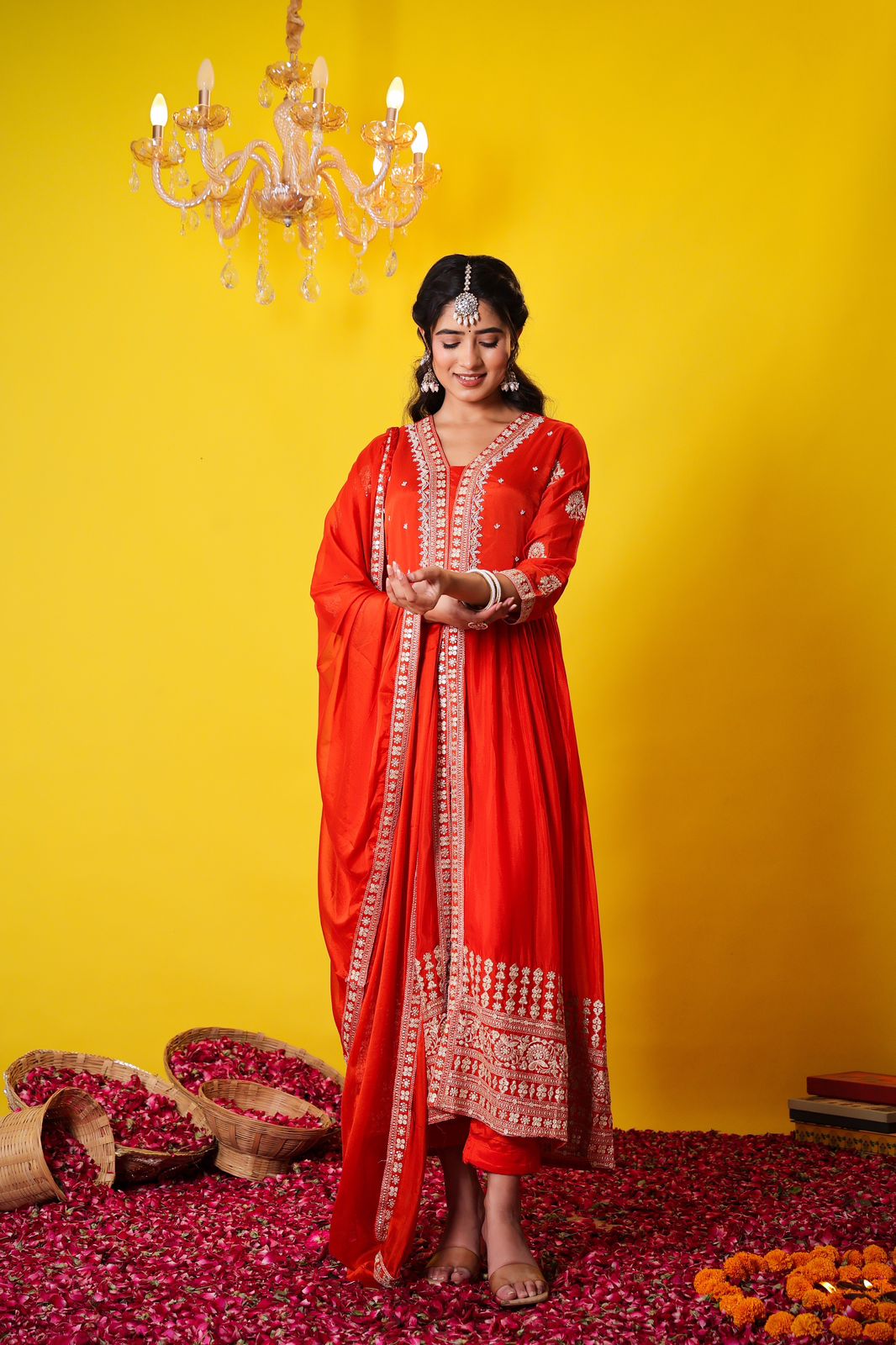 Pure chinon hand work suit set in orange