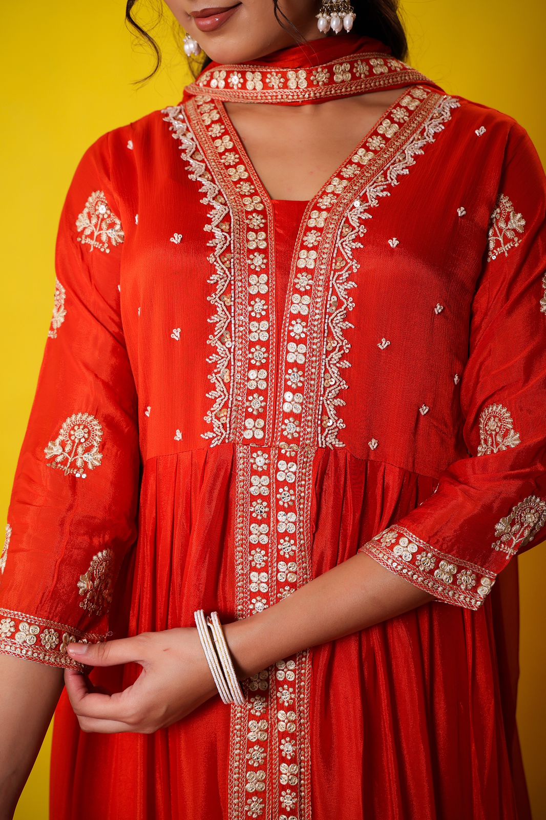 Pure chinon hand work suit set in orange