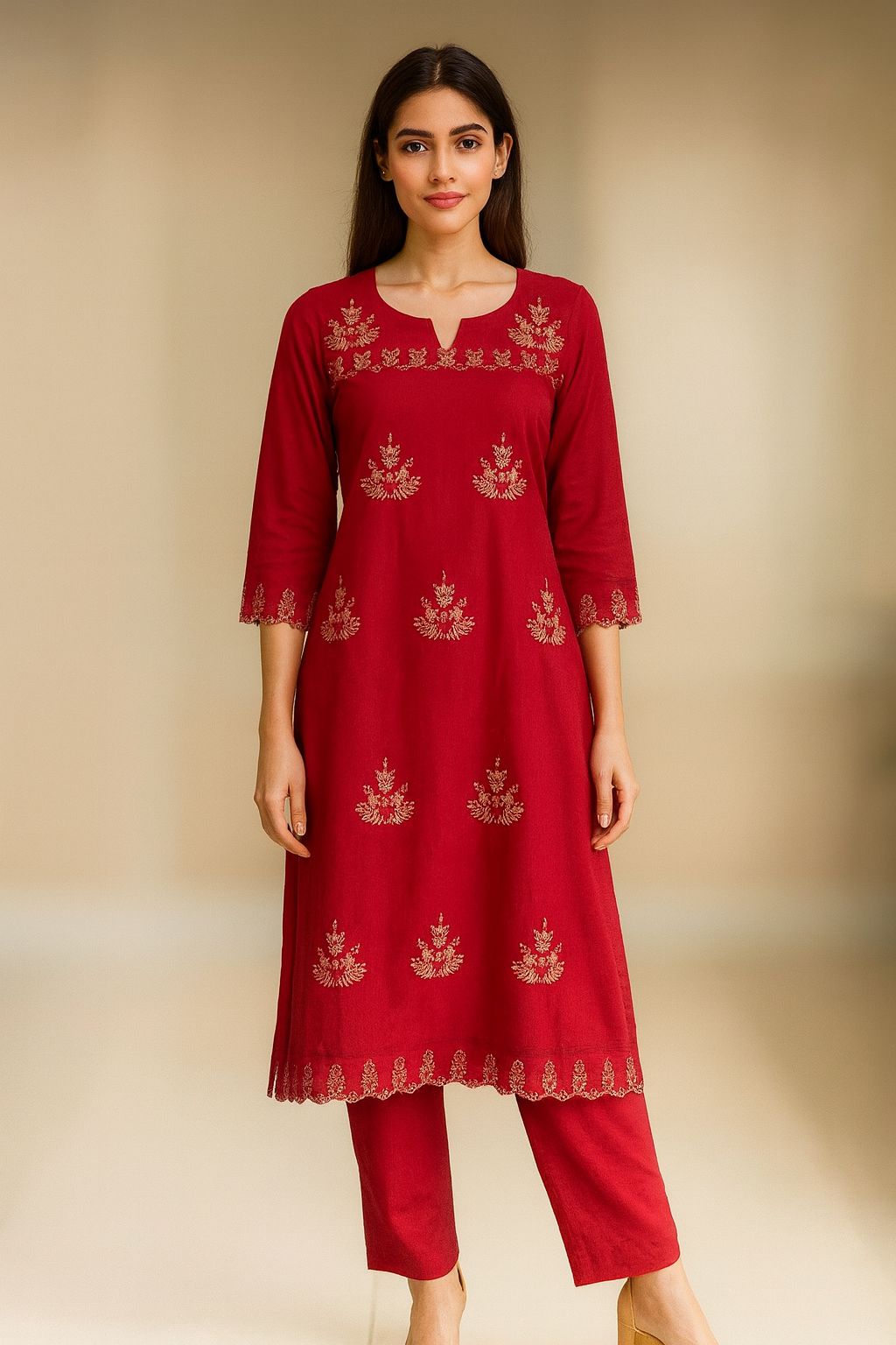 Pure cotton embroidered full suit set in red