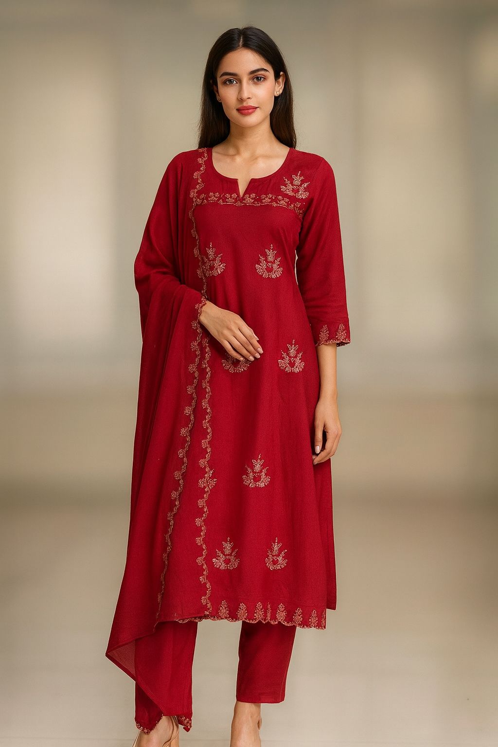 Pure cotton embroidered full suit set in red