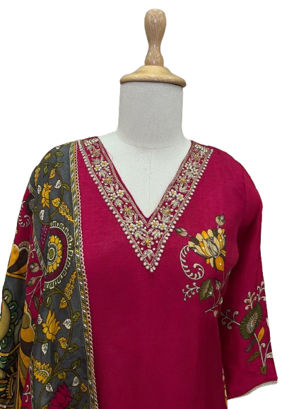 Beautiful designer back Russian silk Kalamkari suit