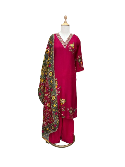 Beautiful designer back Russian silk Kalamkari suit