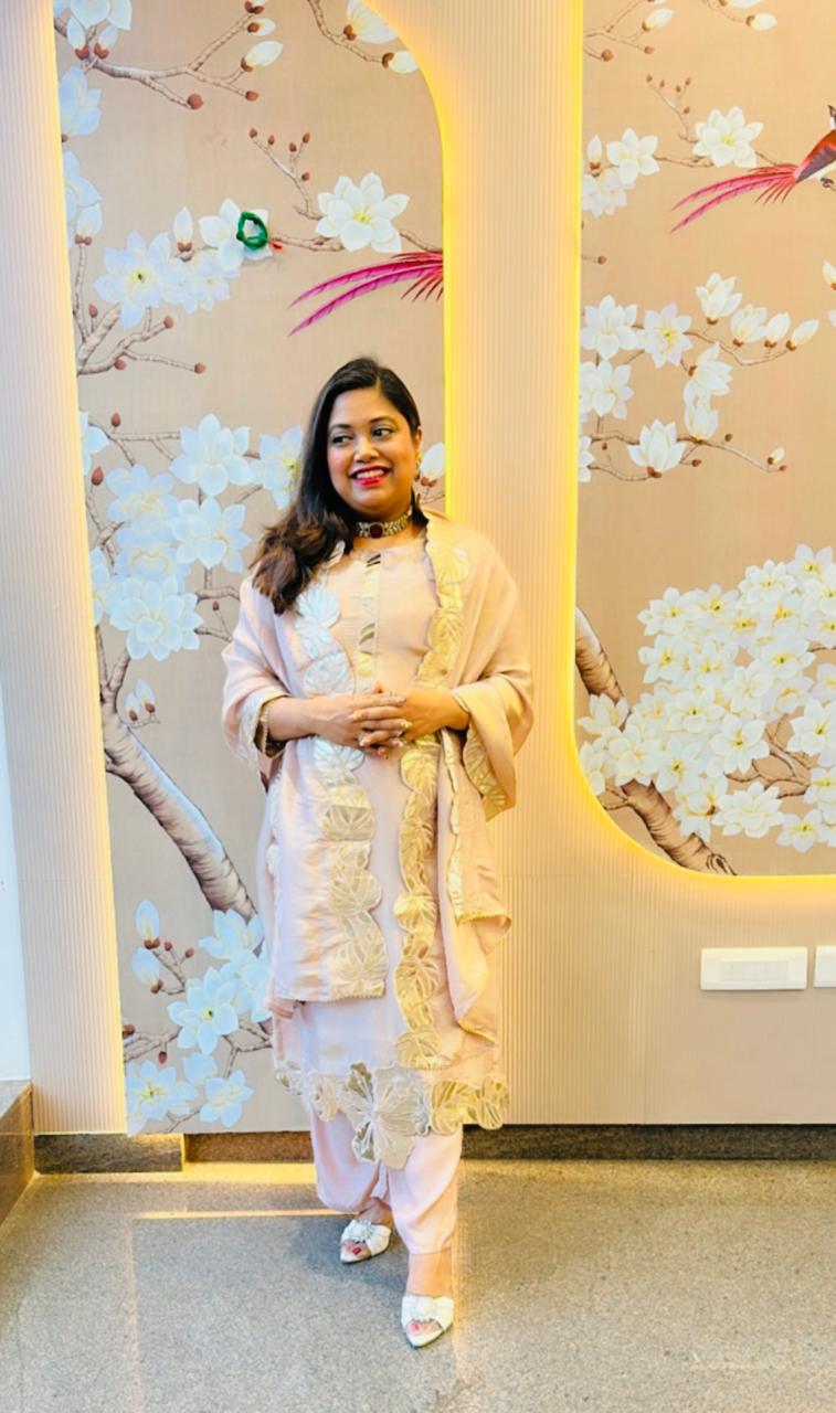 Premium tissue appliqué work suit set in champagne colour