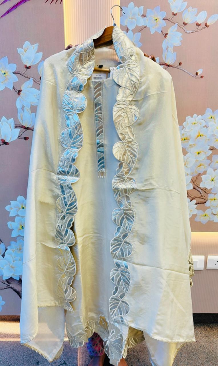 Premium tissue appliqué work suit set in ivory colour