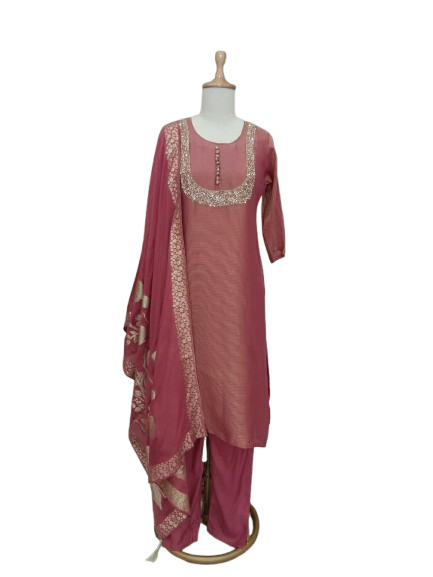 Shimmer tissue with designer pocket suit set in pink