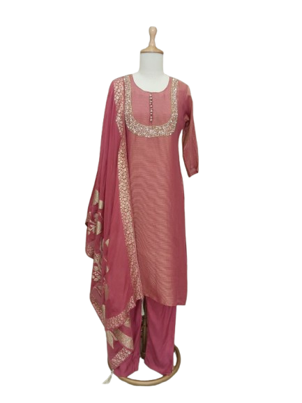 Shimmer tissue with designer pocket suit set in pink