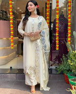 Premium tissue appliqué work suit set in ivory colour