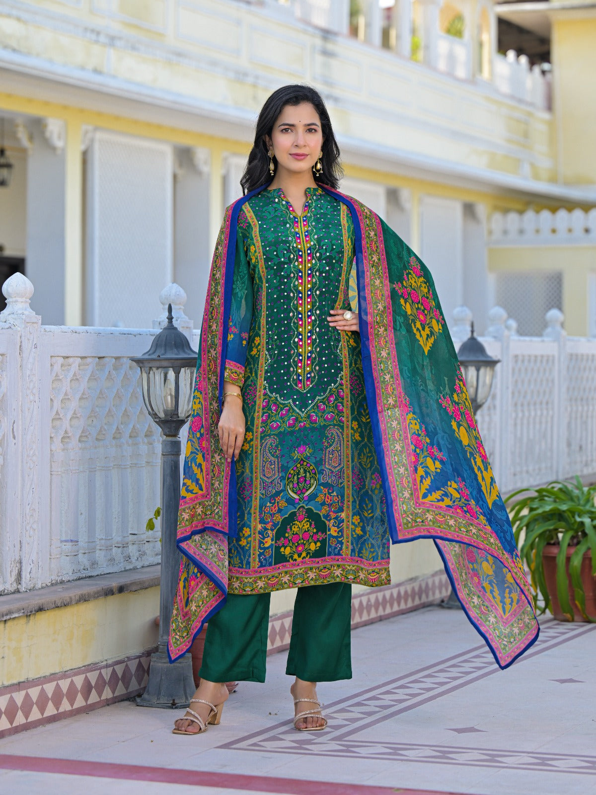 Super premium lining pure crepe full suit set in green