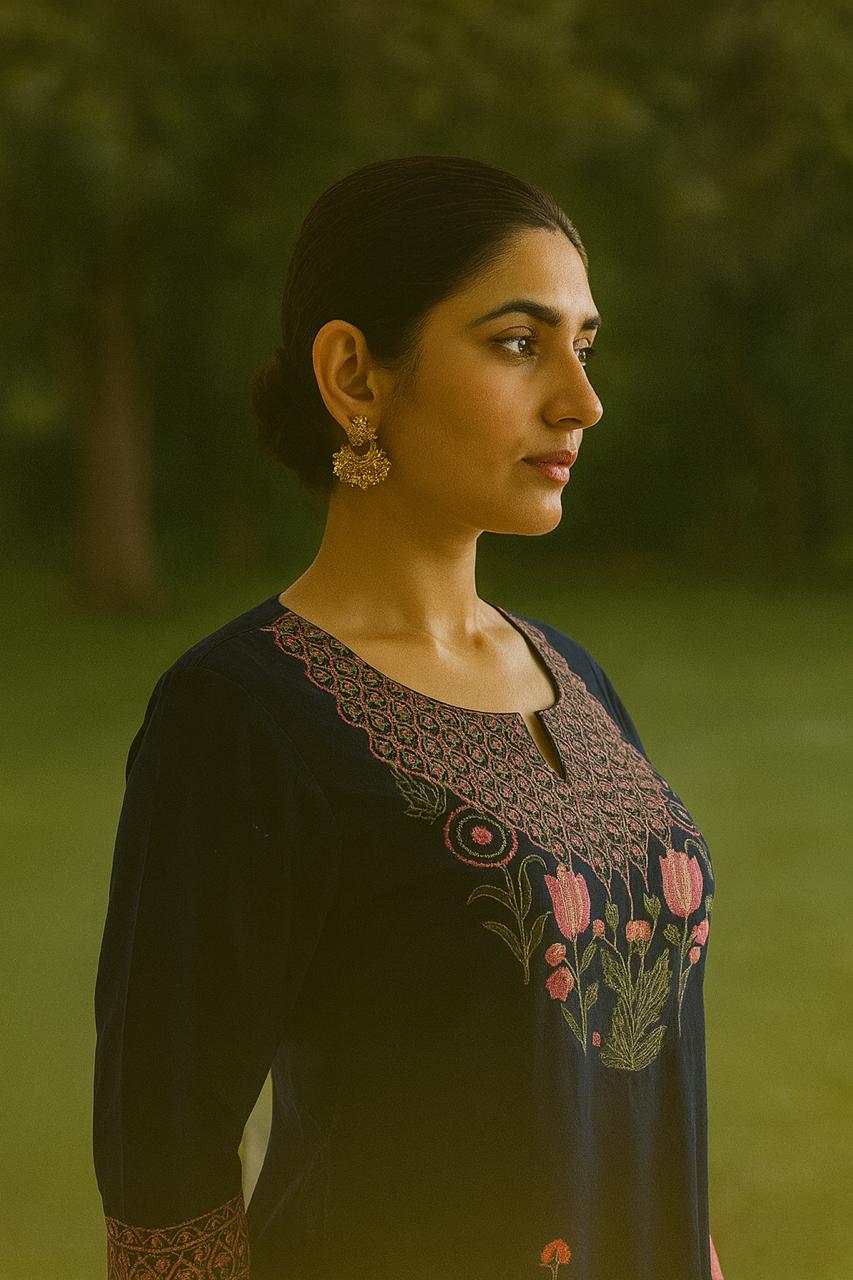 Wow embroidered pure cotton suit set in blue