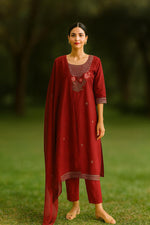 Wow embroidered pure cotton suit set in red