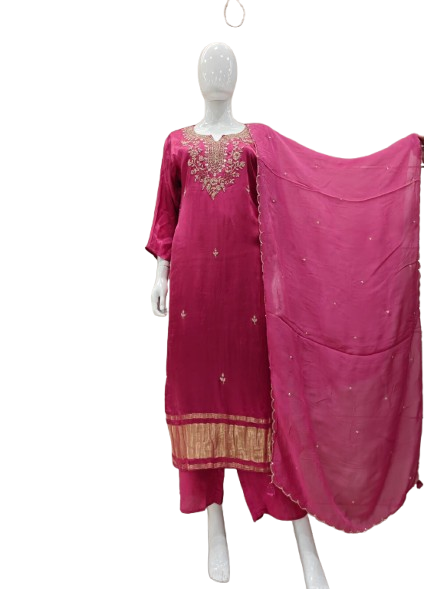 Pretty gaji silk lakri patta suit set