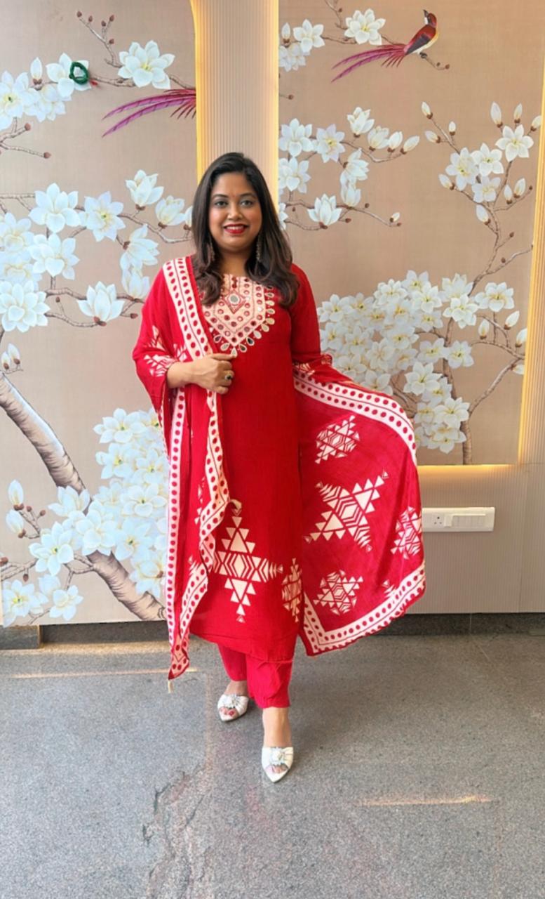 Pure crepe lining real mirror red suit set (true to size)