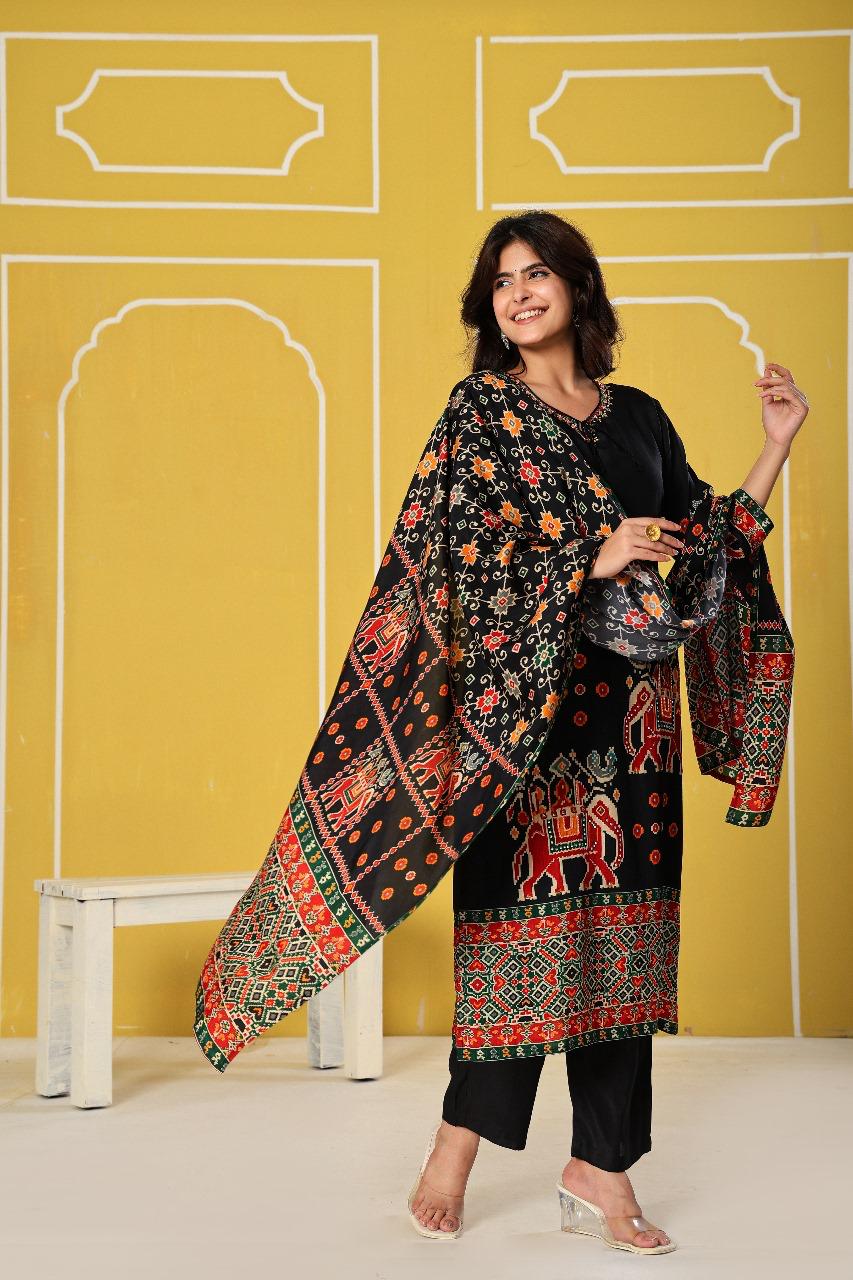 Russian silk Patola print suit set in black