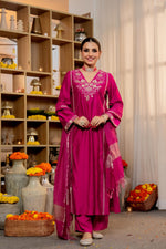 Restocked !! Rani pink santoori silk embroidered suit set !!!